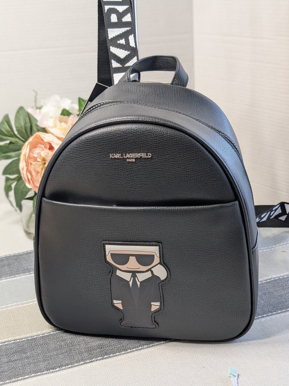 Karl Lagerfeld Black Mini Backpack with Character Patch